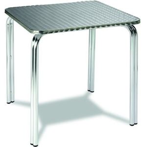 Mesa HELSINKI en aluminio anodizado y tablero inoxidable para terraza hoetelería